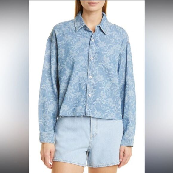 Rag & Bone Floral Cropped Button Up Denim Shirt with Raw Hem Sz Large NWT - Picture 1 of 14